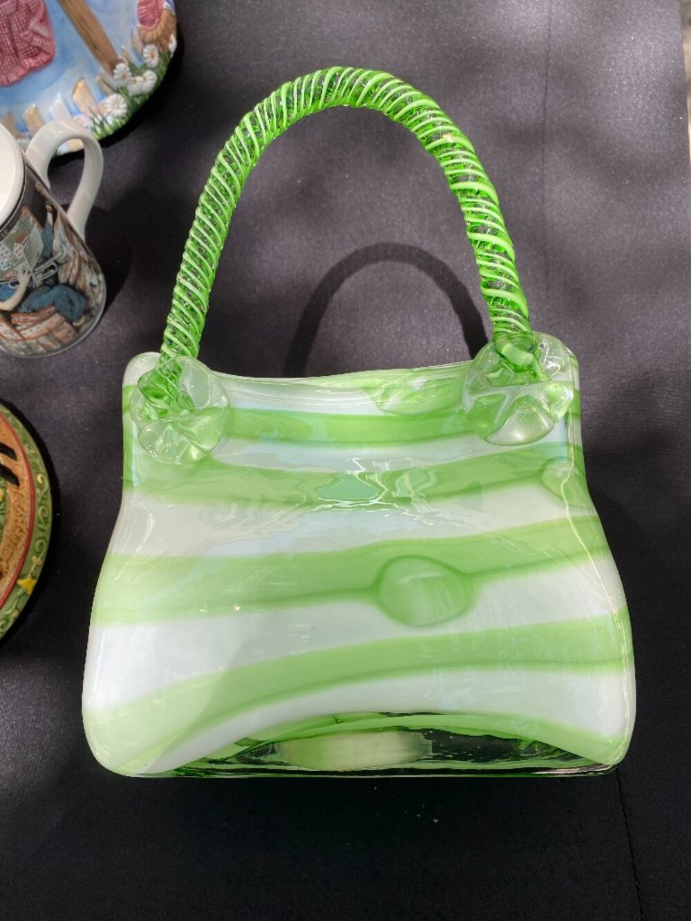 “Vintage Murano Style Glass Purse Vase – Green & White Striped Handbag Vase | Re